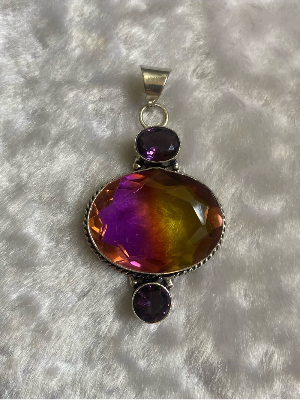 🍀925 Large Sterling Silver       Bi-Color Tourmaline Quartz Pendant